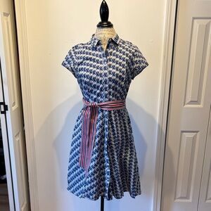 Boden Blue Shirt Dress with Striped Belt and Flamingoes!